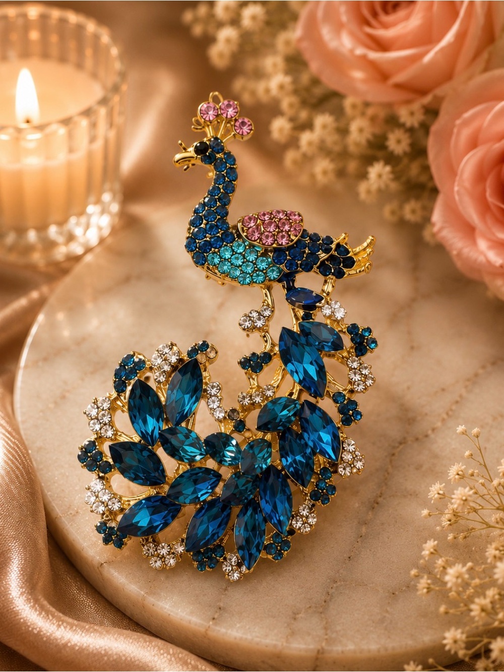 Gold-Tone Peacock Brooch with Blue and Pink Crystals
